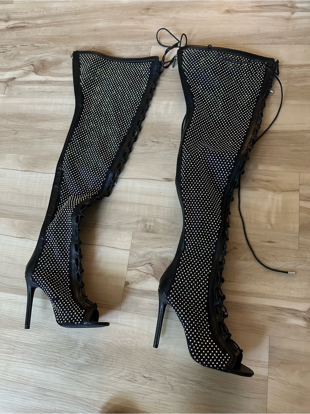 Unbranded Black Rhinestone Lace-Up Over-The-Knee Stiletto Boots! Brand New!